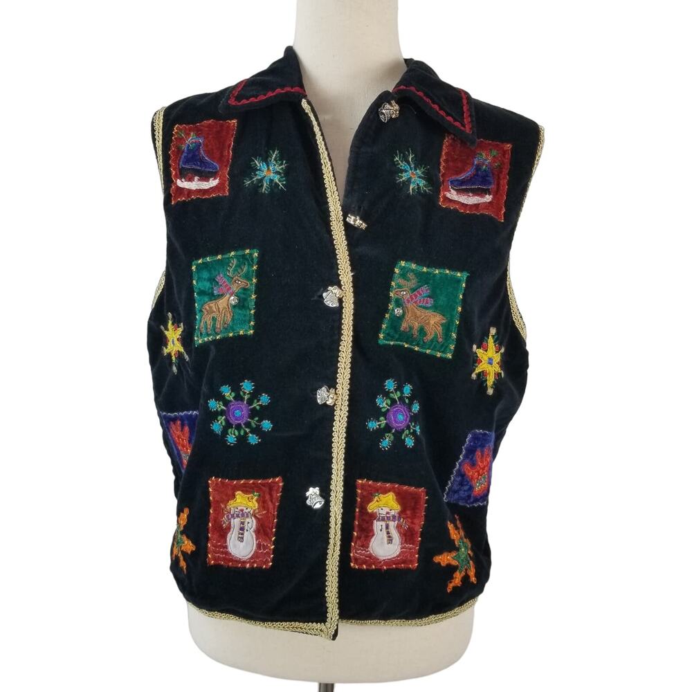 New Directions Black Velvet Gold Bell Buttons Winter Motif Vintage Vest   Medium